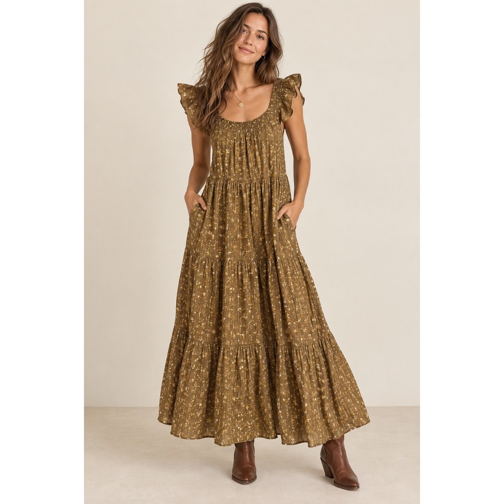 Madewell Brown Floral Smocked Ruffle Tiered Midi Dress Pockets Cotton L Lg